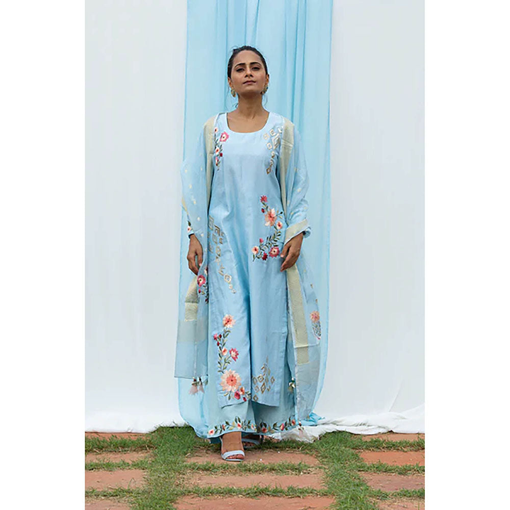 Saatvikei Parineeta - Sky Blue Kurta with Palazzo and Dupatta (Set of 3)