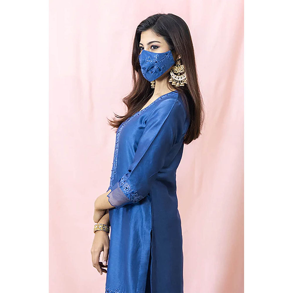 Saatvikei Raasika - Midnight Blue Kurta with Palazzo and Dupatta (Set of 3)