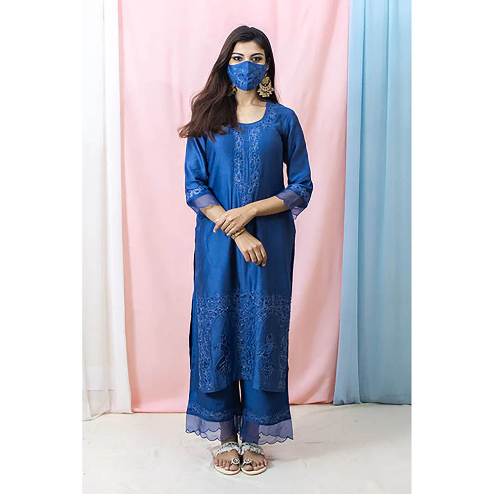Saatvikei Raasika - Midnight Blue Kurta with Palazzo and Dupatta (Set of 3)