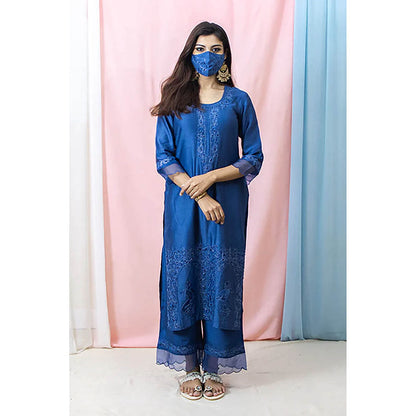 Saatvikei Raasika - Midnight Blue Kurta with Palazzo and Dupatta (Set of 3)