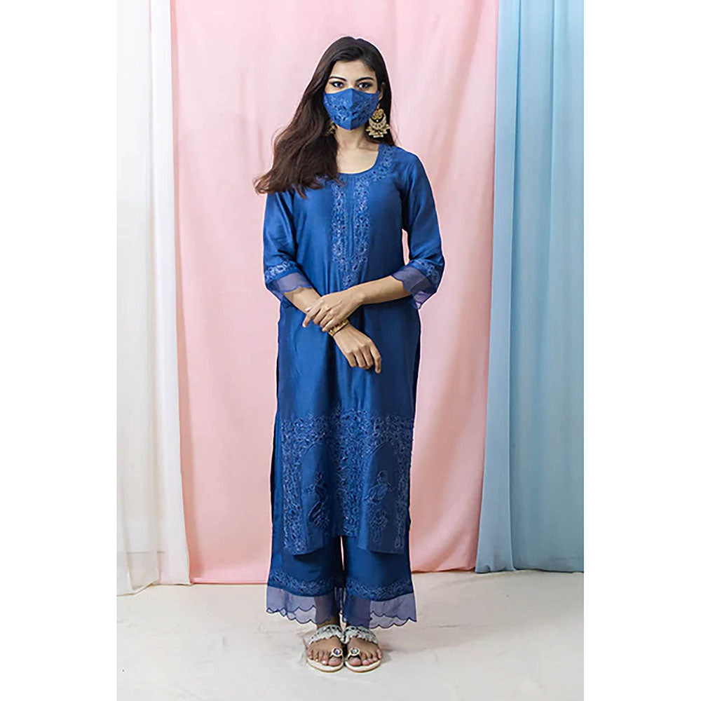 Saatvikei Raasika - Midnight Blue Kurta with Palazzo and Dupatta (Set of 3)