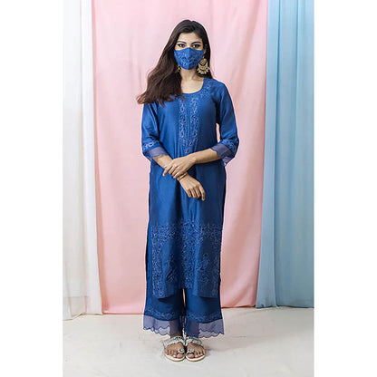 Saatvikei Raasika - Midnight Blue Kurta with Palazzo and Dupatta (Set of 3)
