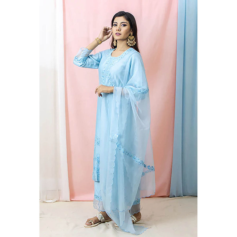 Saatvikei Raasika - Sky Blue Kurta with Palazzo and Dupatta (Set of 3)