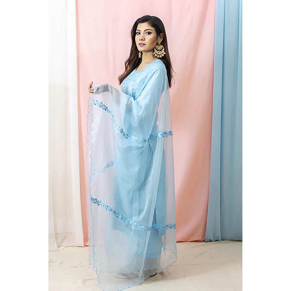 Saatvikei Raasika - Sky Blue Kurta with Palazzo and Dupatta (Set of 3)