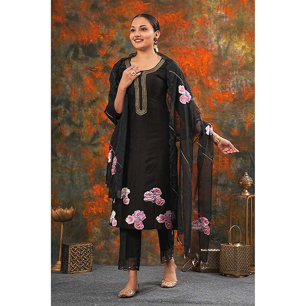 Saatvikei Radhika - Black Kurta with Palazzo and Dupatta (Set of 3)