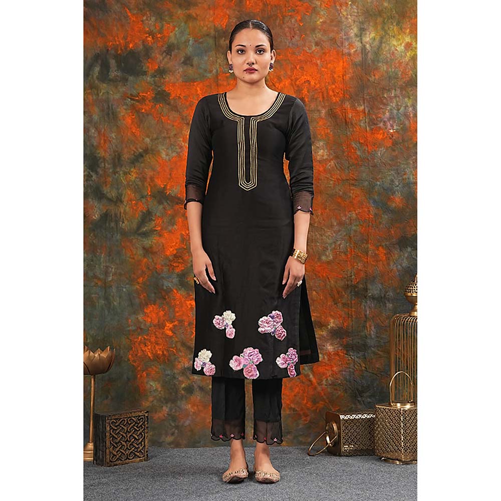 Saatvikei Radhika - Black Kurta with Palazzo and Dupatta (Set of 3)