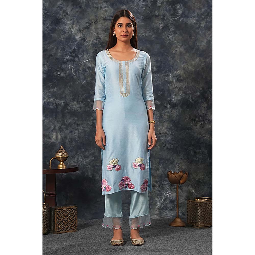 Saatvikei Radhika - Sky Blue Kurta with Palazzo and Dupatta (Set of 3)