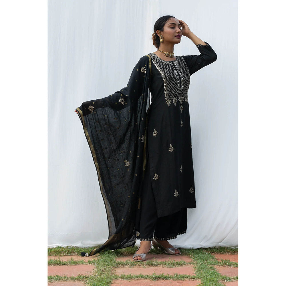 Saatvikei Raj - Black Kurta with Palazzo and Dupatta (Set of 3)