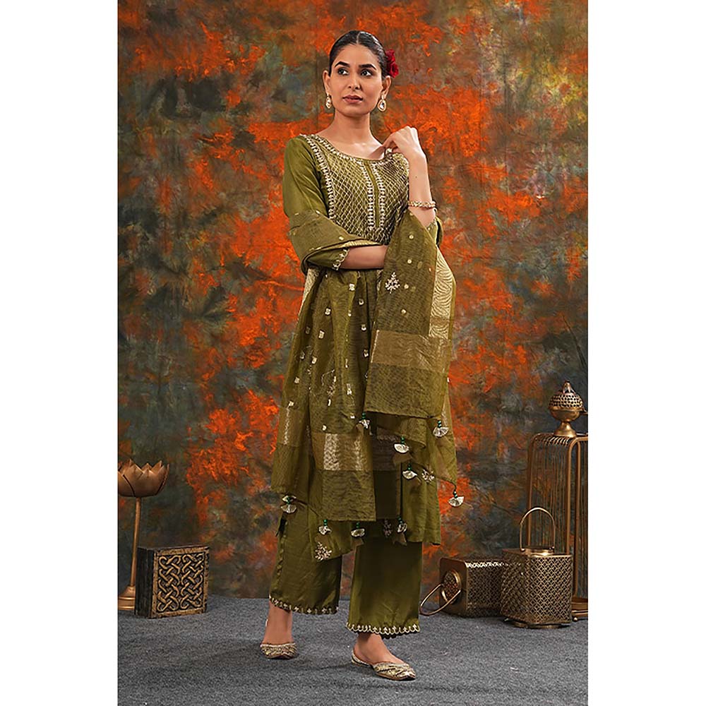Saatvikei Raj - Olive Green Kurta with Palazzo and Dupatta (Set of 3)