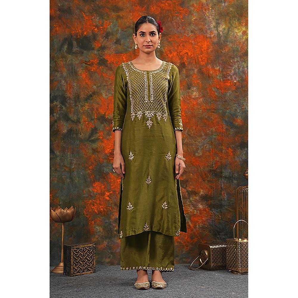 Saatvikei Raj - Olive Green Kurta with Palazzo and Dupatta (Set of 3)