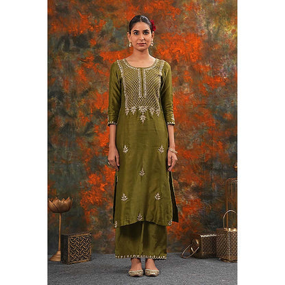 Saatvikei Raj - Olive Green Kurta with Palazzo and Dupatta (Set of 3)