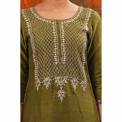 Saatvikei Raj - Olive Green Kurta with Palazzo and Dupatta (Set of 3)
