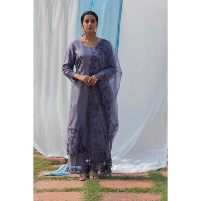 Saatvikei Rajdulari - Dark Grey Kurta with Palazzo and Dupatta (Set of 3)
