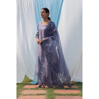 Saatvikei Rajdulari - Dark Grey Kurta with Palazzo and Dupatta (Set of 3)