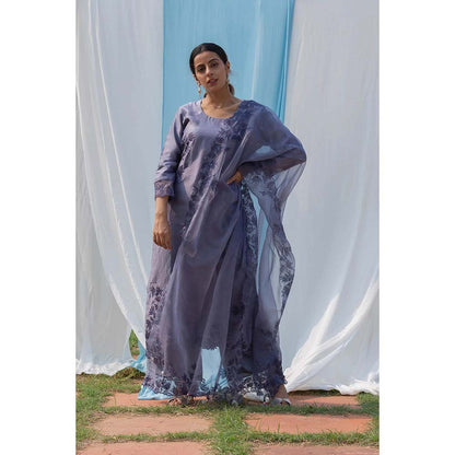Saatvikei Rajdulari - Dark Grey Kurta with Palazzo and Dupatta (Set of 3)