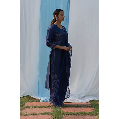 Saatvikei Rajdulari - Midnight Blue Kurta with Palazzo and Dupatta (Set of 3)