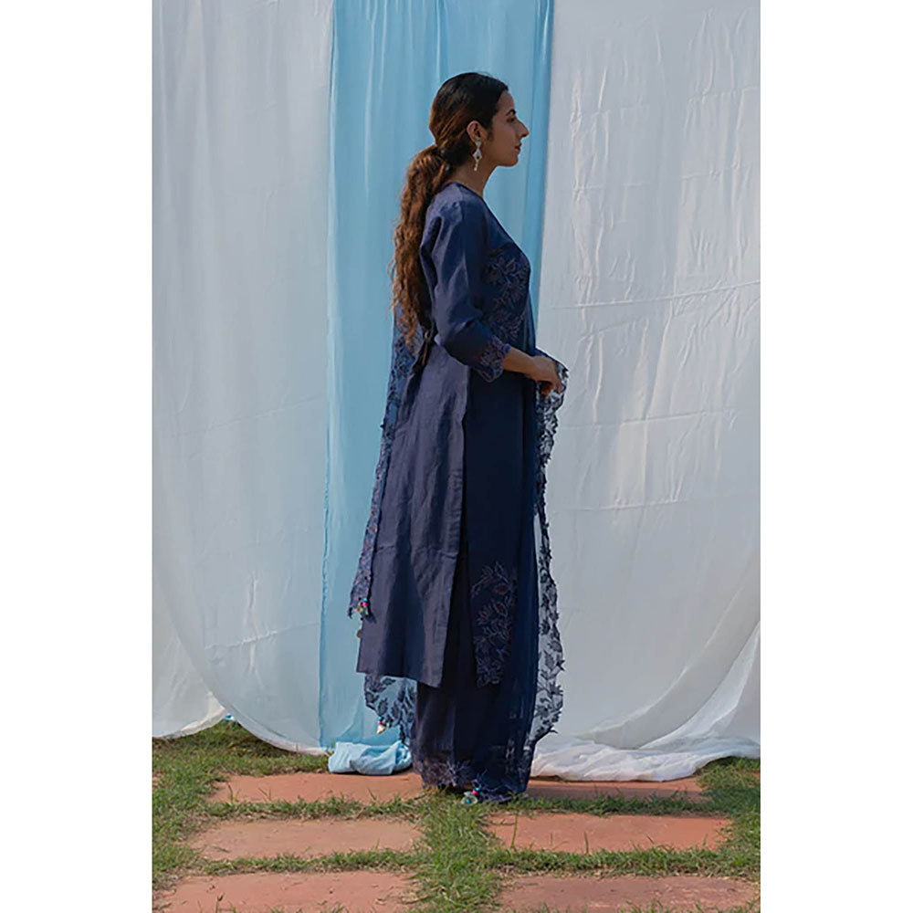 Saatvikei Rajdulari - Midnight Blue Kurta with Palazzo and Dupatta (Set of 3)