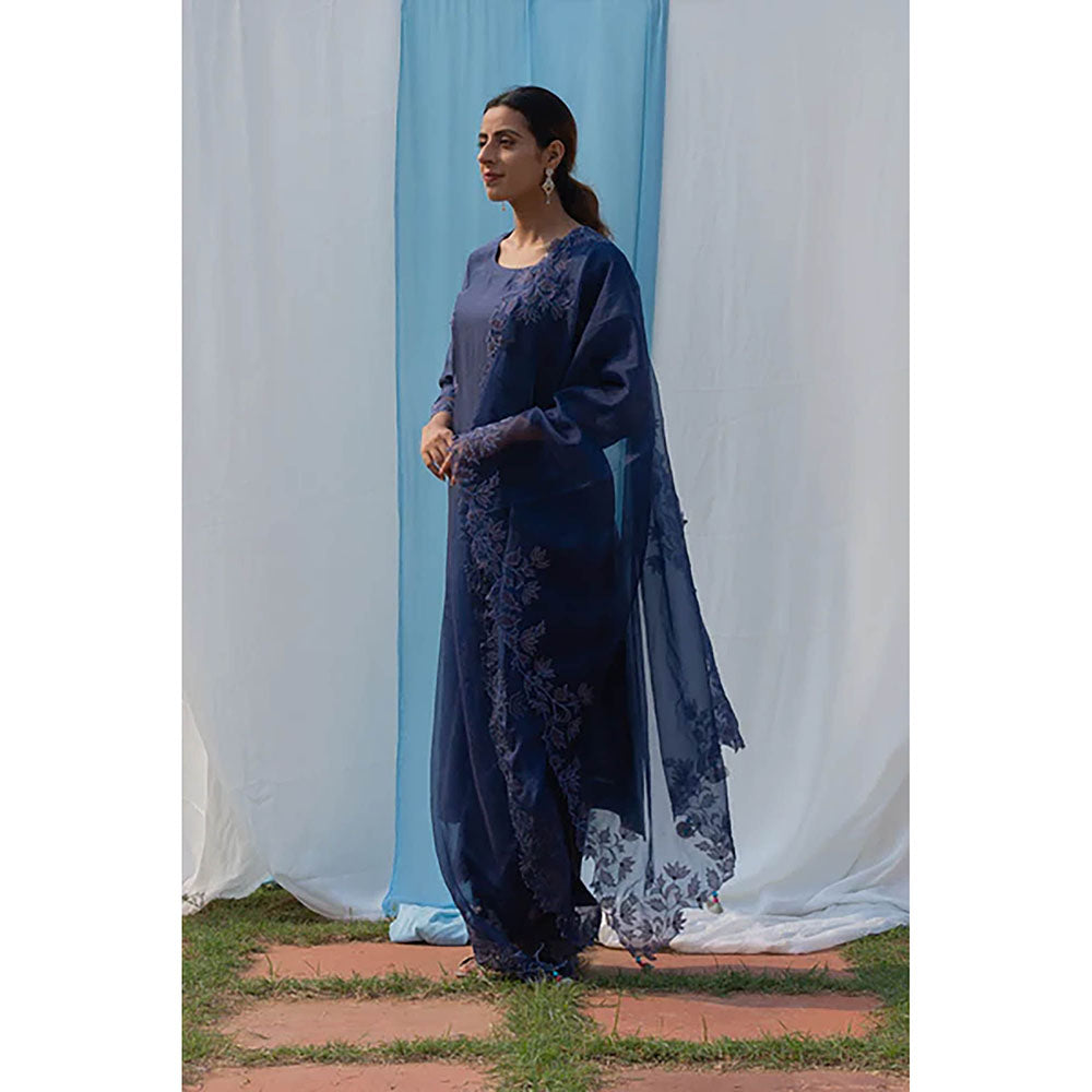 Saatvikei Rajdulari - Midnight Blue Kurta with Palazzo and Dupatta (Set of 3)