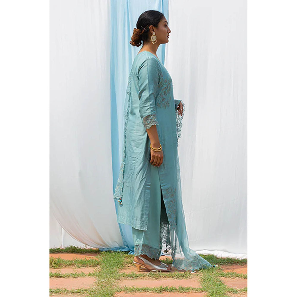 Saatvikei Rajdulari - Powder Blue Kurta with Palazzo and Dupatta (Set of 3)
