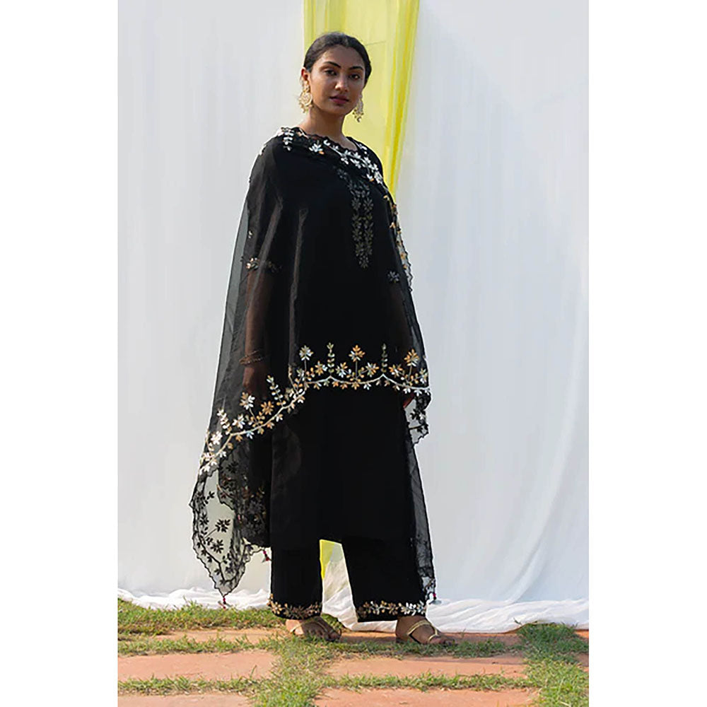 Saatvikei Rajshree - Black Kurta with Palazzo and Dupatta (Set of 3)