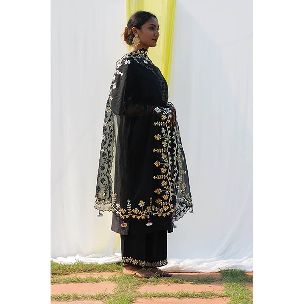 Saatvikei Rajshree - Black Kurta with Palazzo and Dupatta (Set of 3)