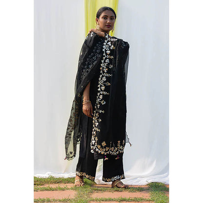 Saatvikei Rajshree - Black Kurta with Palazzo and Dupatta (Set of 3)