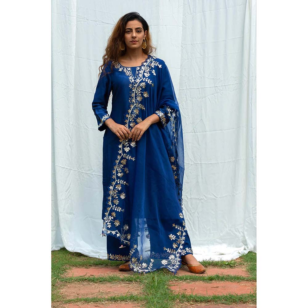 Saatvikei Rajshree - Midnight Blue Kurta with Palazzo and Dupatta (Set of 3)