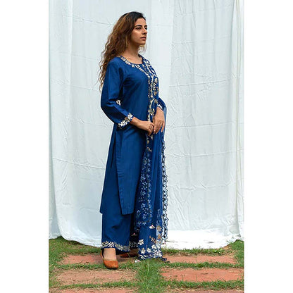 Saatvikei Rajshree - Midnight Blue Kurta with Palazzo and Dupatta (Set of 3)
