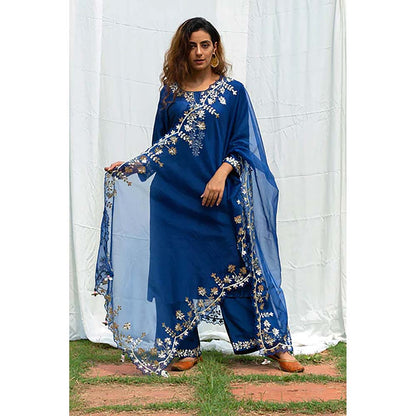 Saatvikei Rajshree - Midnight Blue Kurta with Palazzo and Dupatta (Set of 3)
