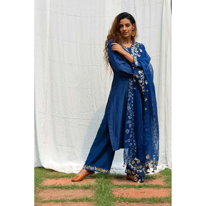 Saatvikei Rajshree - Midnight Blue Kurta with Palazzo and Dupatta (Set of 3)