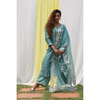 Saatvikei Rajshree - Powder Blue Kurta with Palazzo and Dupatta (Set of 3)