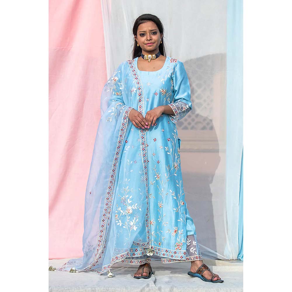 Saatvikei Rukmani - Sky Blue Kurta with Palazzo and Dupatta (Set of 3)
