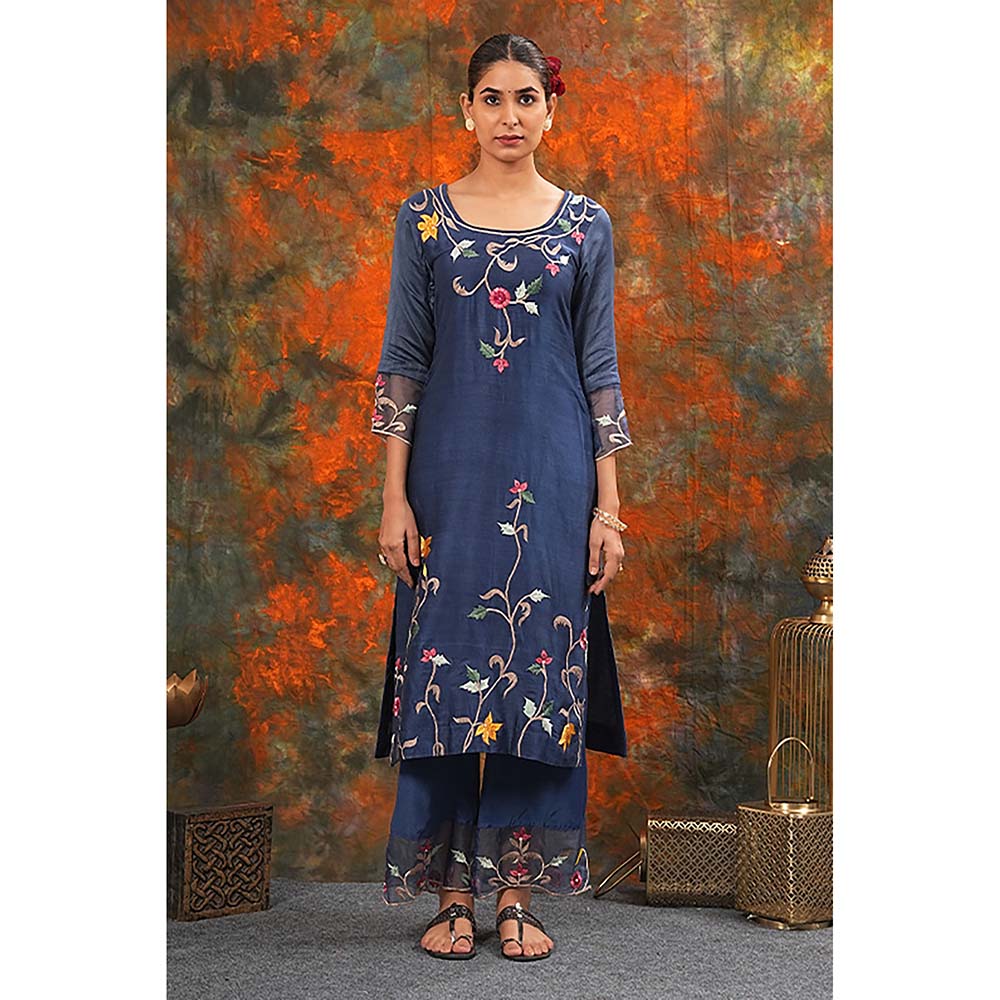 Saatvikei Sarla - Midnight Blue Kurta with Palazzo and Dupatta (Set of 3)
