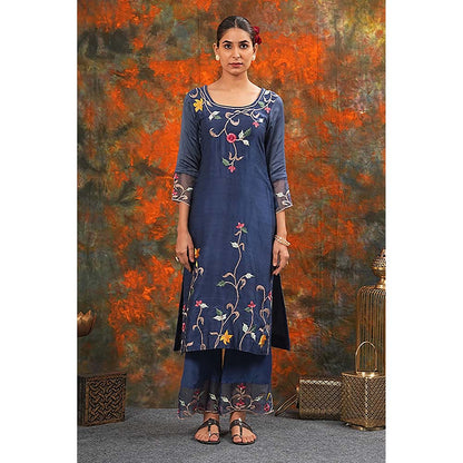 Saatvikei Sarla - Midnight Blue Kurta with Palazzo and Dupatta (Set of 3)