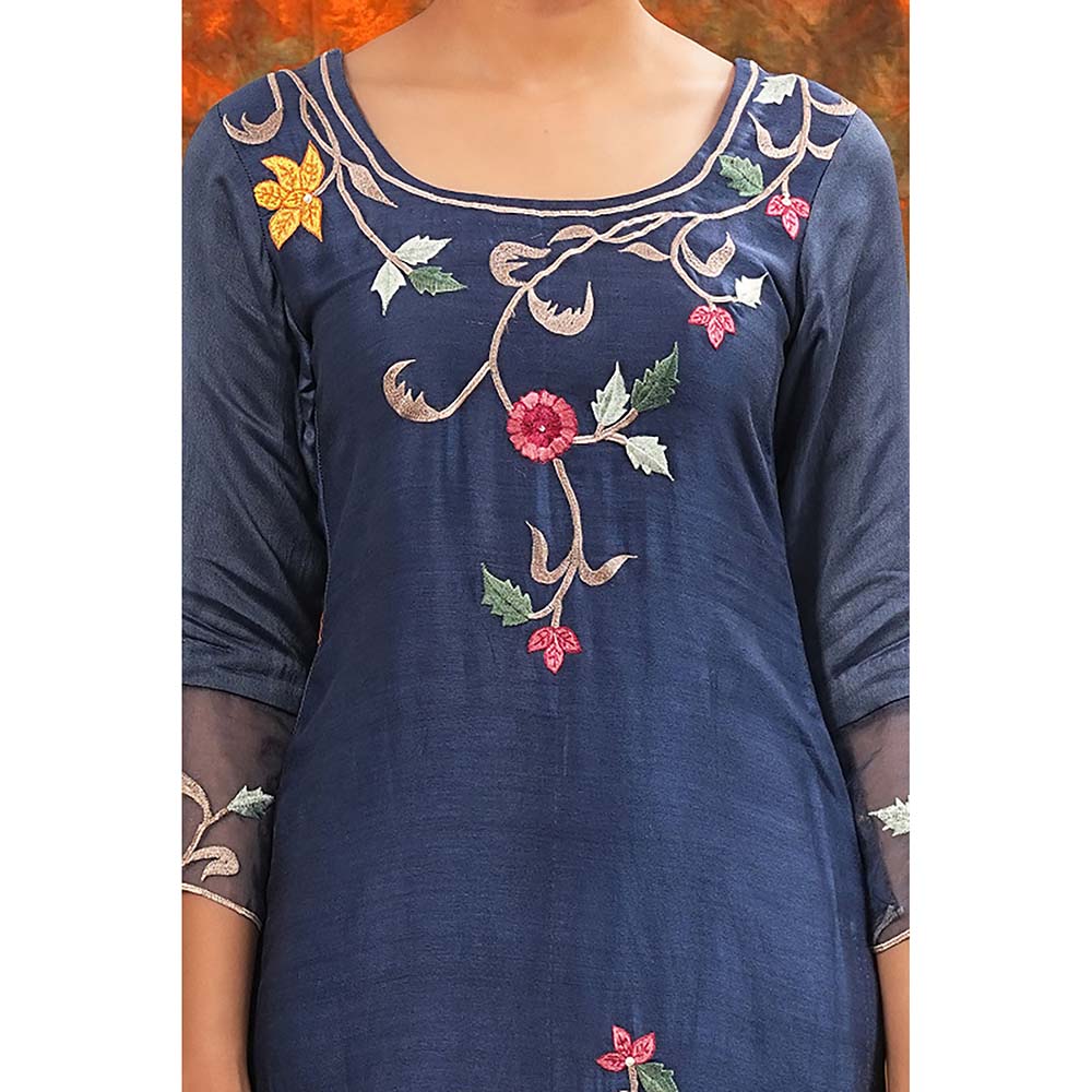 Saatvikei Sarla - Midnight Blue Kurta with Palazzo and Dupatta (Set of 3)