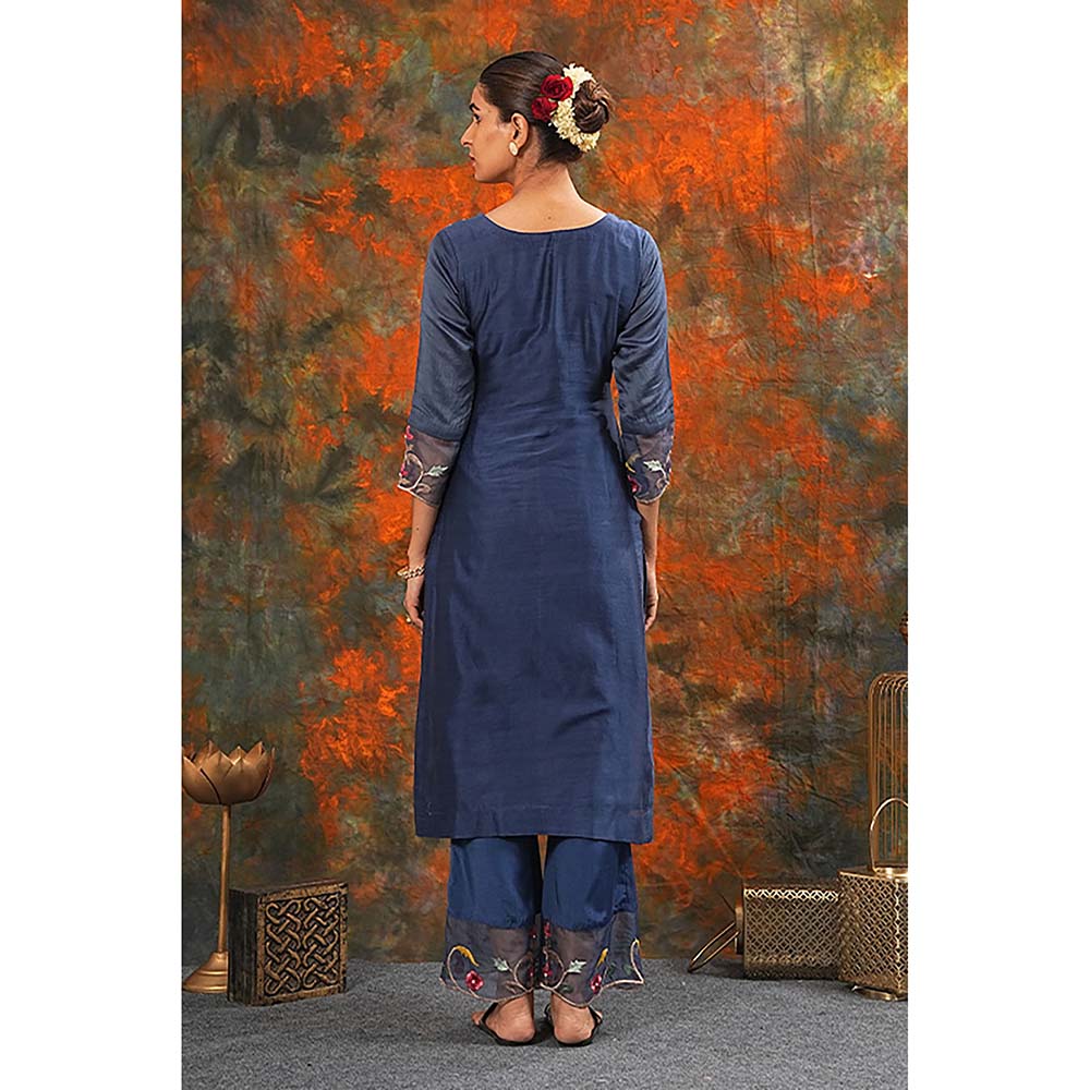 Saatvikei Sarla - Midnight Blue Kurta with Palazzo and Dupatta (Set of 3)