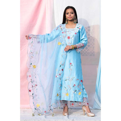 Saatvikei Sarla - Sky Blue Kurta with Palazzo and Dupatta (Set of 3)