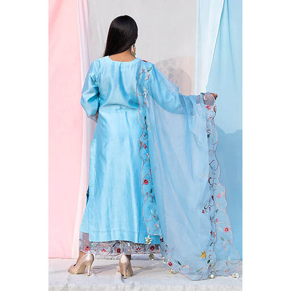 Saatvikei Sarla - Sky Blue Kurta with Palazzo and Dupatta (Set of 3)