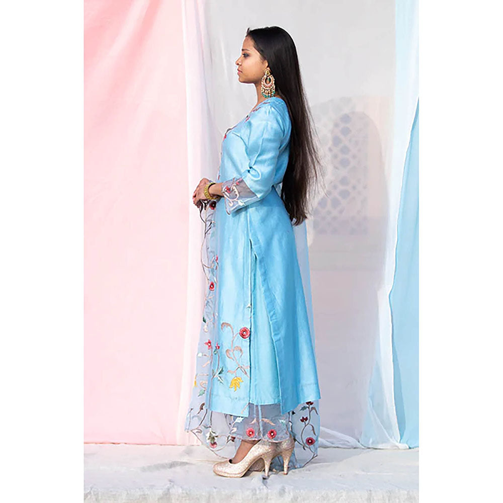 Saatvikei Sarla - Sky Blue Kurta with Palazzo and Dupatta (Set of 3)