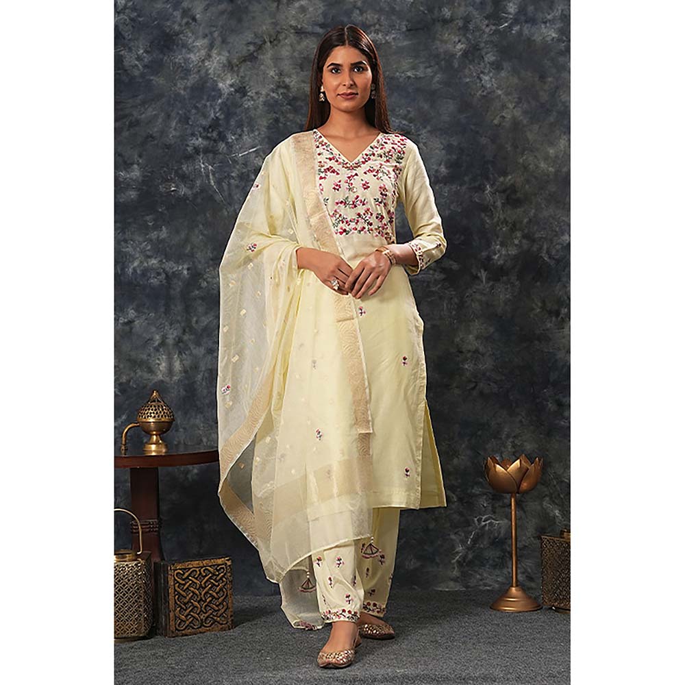 Saatvikei Saumya - Lemon Yellow Kurta with Palazzo and Dupatta (Set of 3)