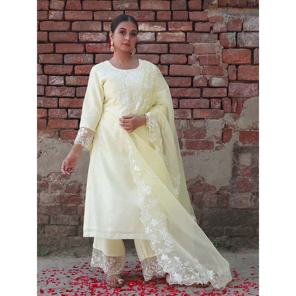 Saatvikei Subhaga- Lemon Yellow Kurta with Palazzo and Dupatta (Set of 3)