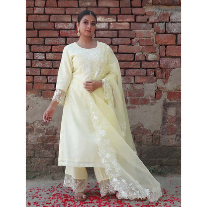 Saatvikei Subhaga- Lemon Yellow Kurta with Palazzo and Dupatta (Set of 3)