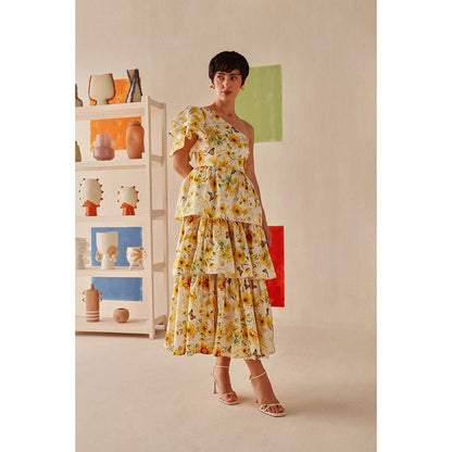 Sage By Mala Yellow Floral Printed Zahara Dress