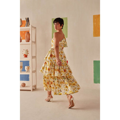 Sage By Mala Yellow Floral Printed Zahara Dress