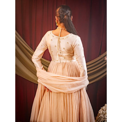 Sainy Garg Couture Beige Pearl Anarkali with Dupatta (Set of 2)