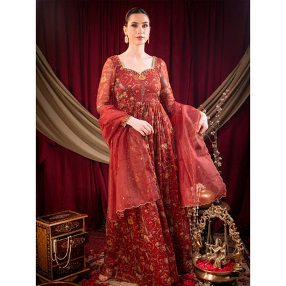 Sainy Garg Couture Maroon Stella Anarkali with Dupatta (Set of 2)