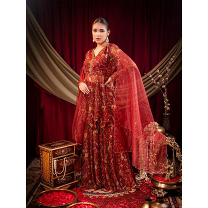 Sainy Garg Couture Maroon Vrinda Sharara with Kurti and Dupatta (Set of 3)