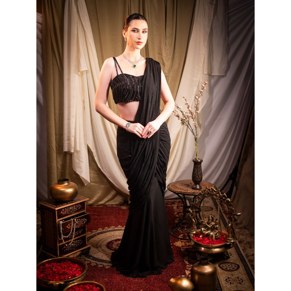 Sainy Garg Couture Black Celestine Fusion Pre-Drape Saree with Stitched Blouse
