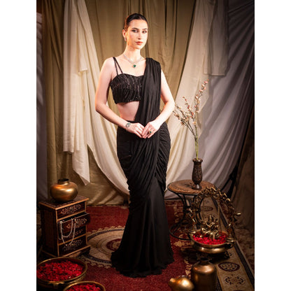 Sainy Garg Couture Black Celestine Fusion Pre-Drape Saree with Stitched Blouse