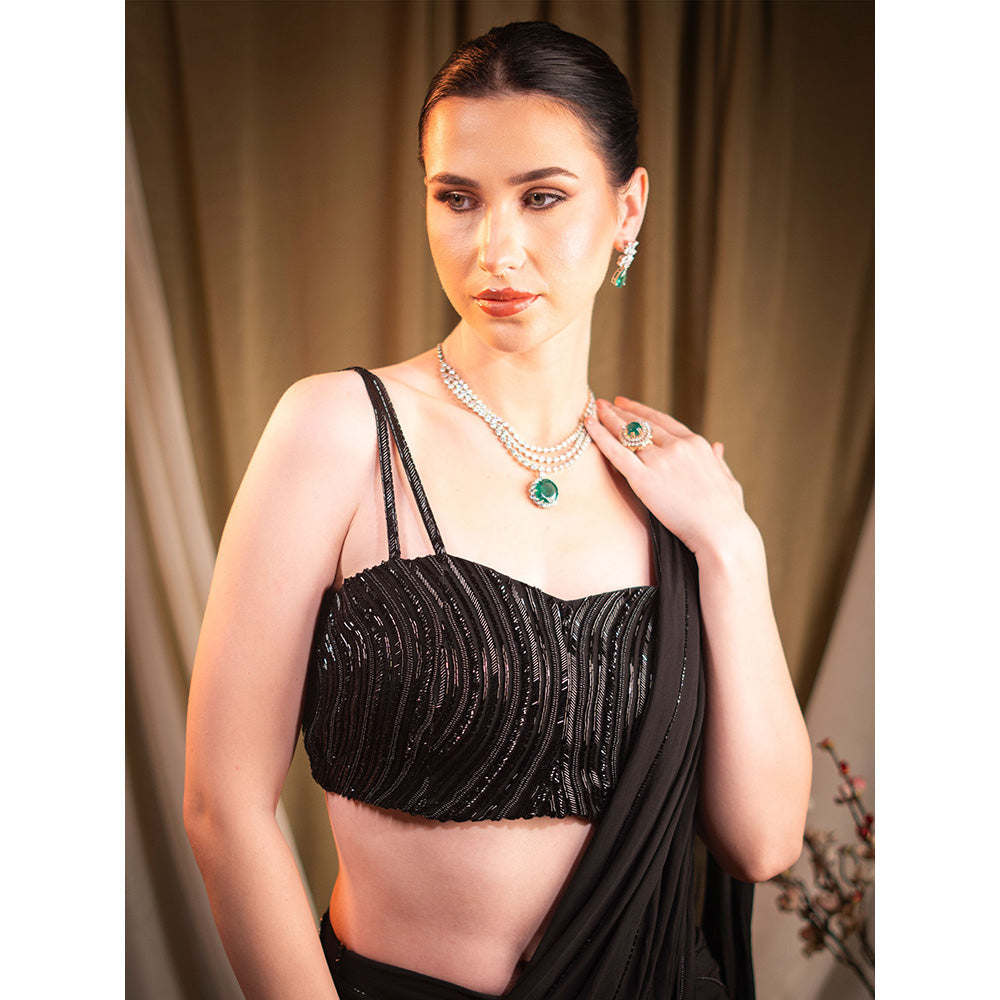 Sainy Garg Couture Black Celestine Fusion Pre-Drape Saree with Stitched Blouse